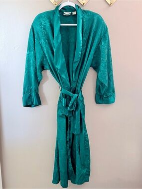 Vintage Victoria's Secret Teal Green Floral Jacquard Satin Robe P/S